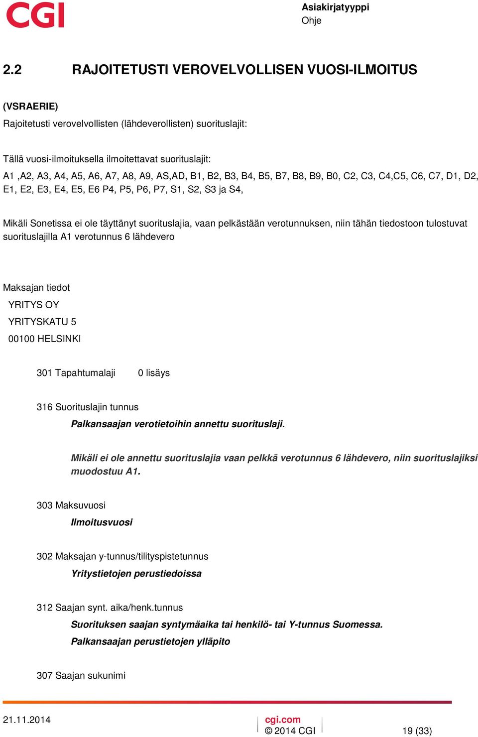 vaan pelkästään verotunnuksen, niin tähän tiedostoon tulostuvat suorituslajilla A1 verotunnus 6 lähdevero Maksajan tiedot YRITYS OY YRITYSKATU 5 00100 HELSINKI 301 Tapahtumalaji 0 lisäys 316