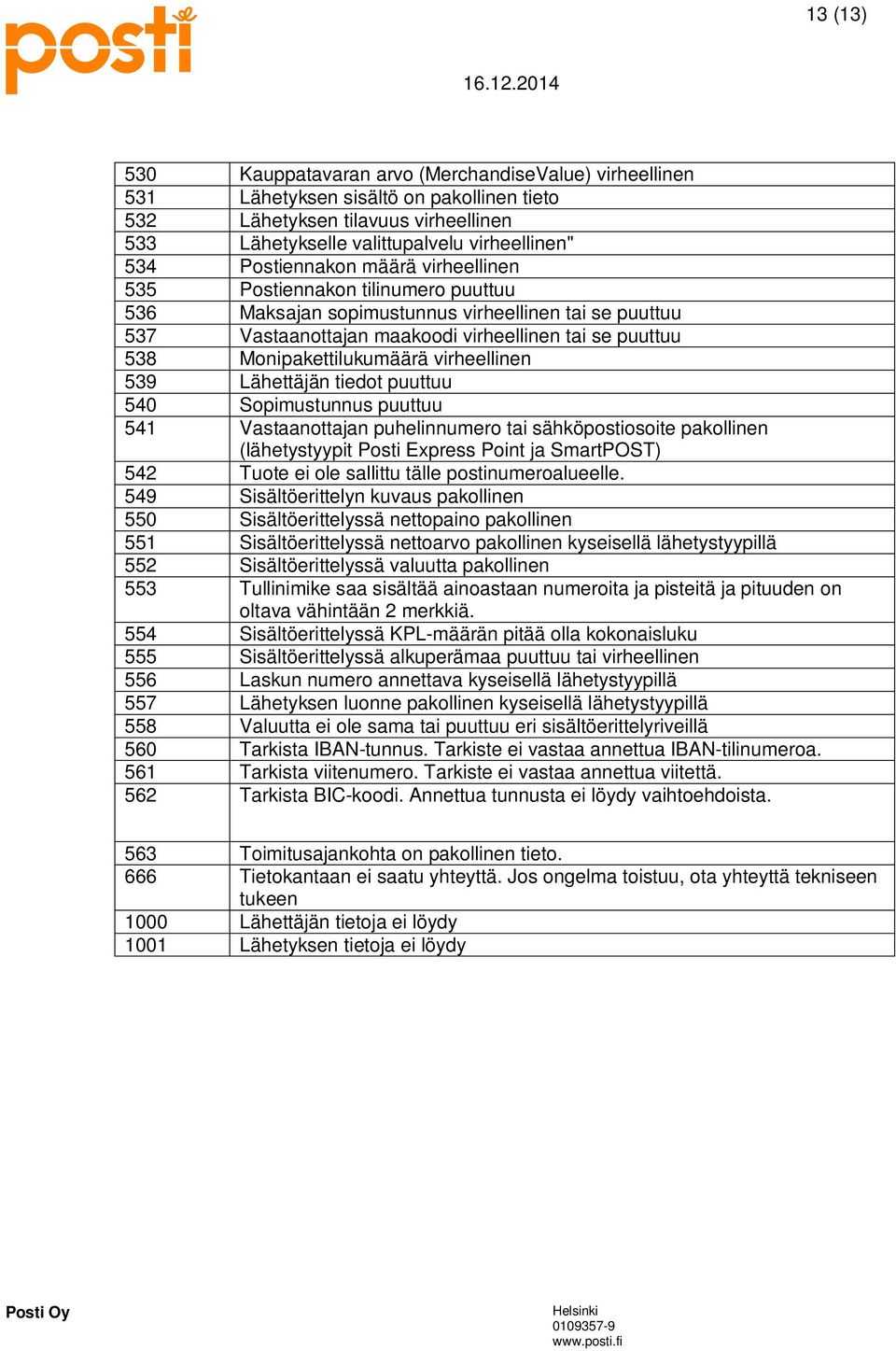 Monipakettilukumäärä virheellinen 539 Lähettäjän tiedot puuttuu 540 Sopimustunnus puuttuu 541 Vastaanottajan puhelinnumero tai sähköpostiosoite pakollinen (lähetystyypit Posti Express Point ja