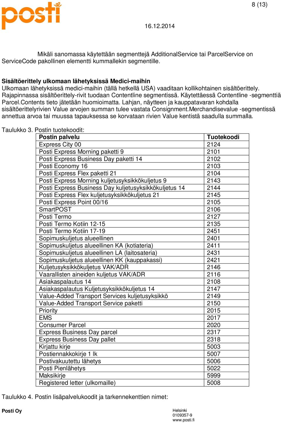 Rajapinnassa sisältöerittely-rivit tuodaan Contentline segmentissä. Käytettäessä Contentline -segmenttiä Parcel.Contents tieto jätetään huomioimatta.