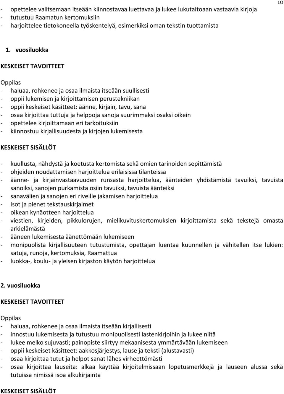 vuosiluokka - haluaa, rohkenee ja osaa ilmaista itseään suullisesti - oppii lukemisen ja kirjoittamisen perustekniikan - oppii keskeiset käsitteet: äänne, kirjain, tavu, sana - osaa kirjoittaa