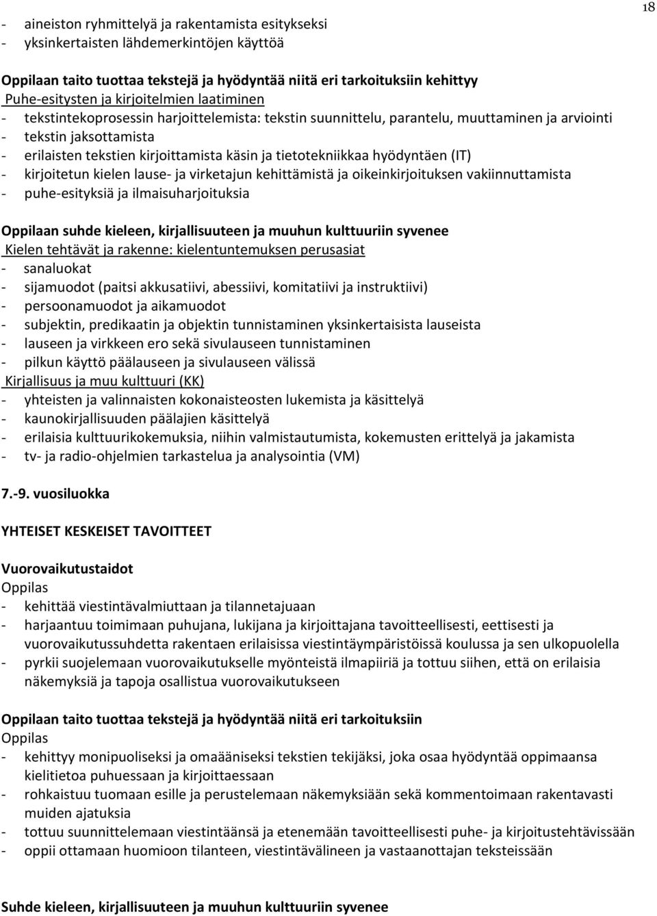 tietotekniikkaa hyödyntäen (IT) - kirjoitetun kielen lause- ja virketajun kehittämistä ja oikeinkirjoituksen vakiinnuttamista - puhe-esityksiä ja ilmaisuharjoituksia Oppilaan suhde kieleen,