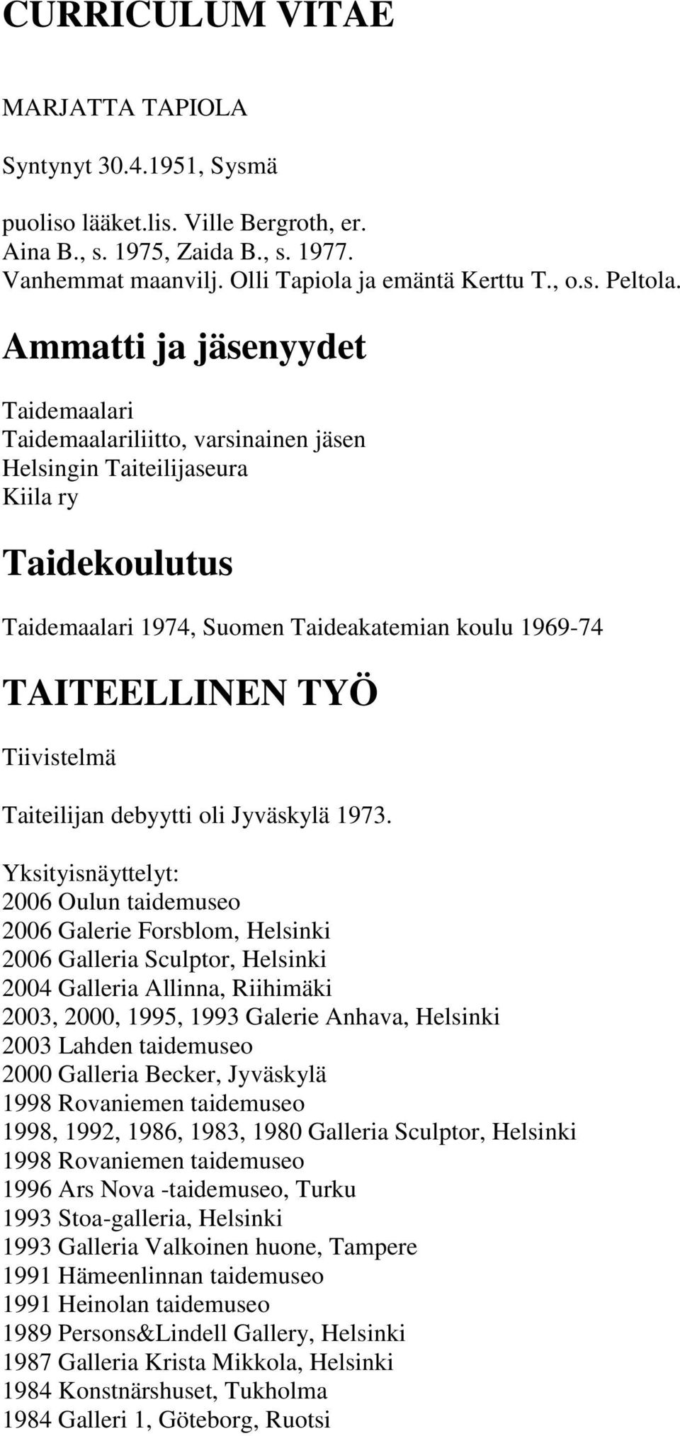 Tiivistelmä Taiteilijan debyytti oli Jyväskylä 1973.