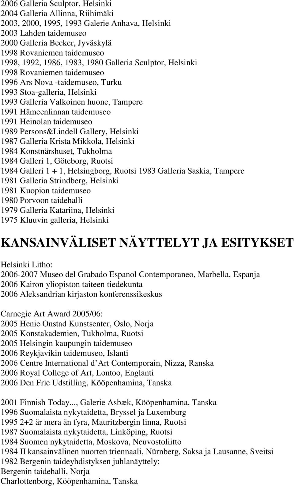 Persons&Lindell Gallery, Helsinki 1987 Galleria Krista Mikkola, Helsinki 1984 Konstnärshuset, Tukholma 1984 Galleri 1, Göteborg, Ruotsi 1984 Galleri 1 + 1, Helsingborg, Ruotsi 1983 Galleria Saskia,