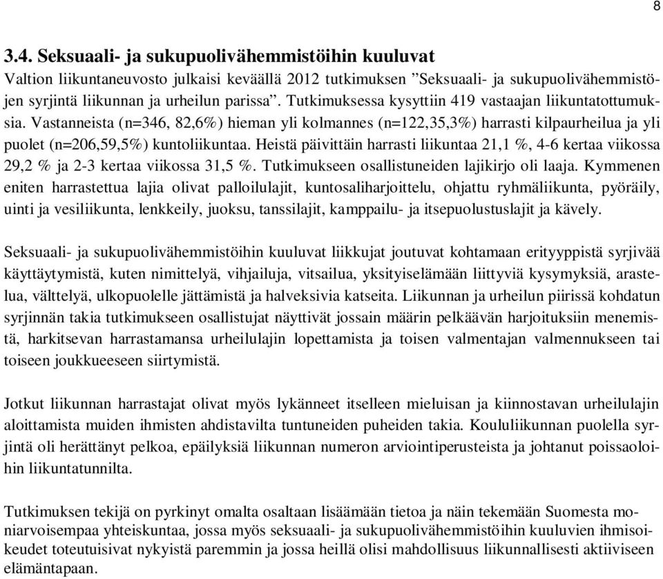 Heistä päivittäin harrasti liikuntaa 21,1 %, 4-6 kertaa viikossa 29,2 % ja 2-3 kertaa viikossa 31,5 %. Tutkimukseen osallistuneiden lajikirjo oli laaja.