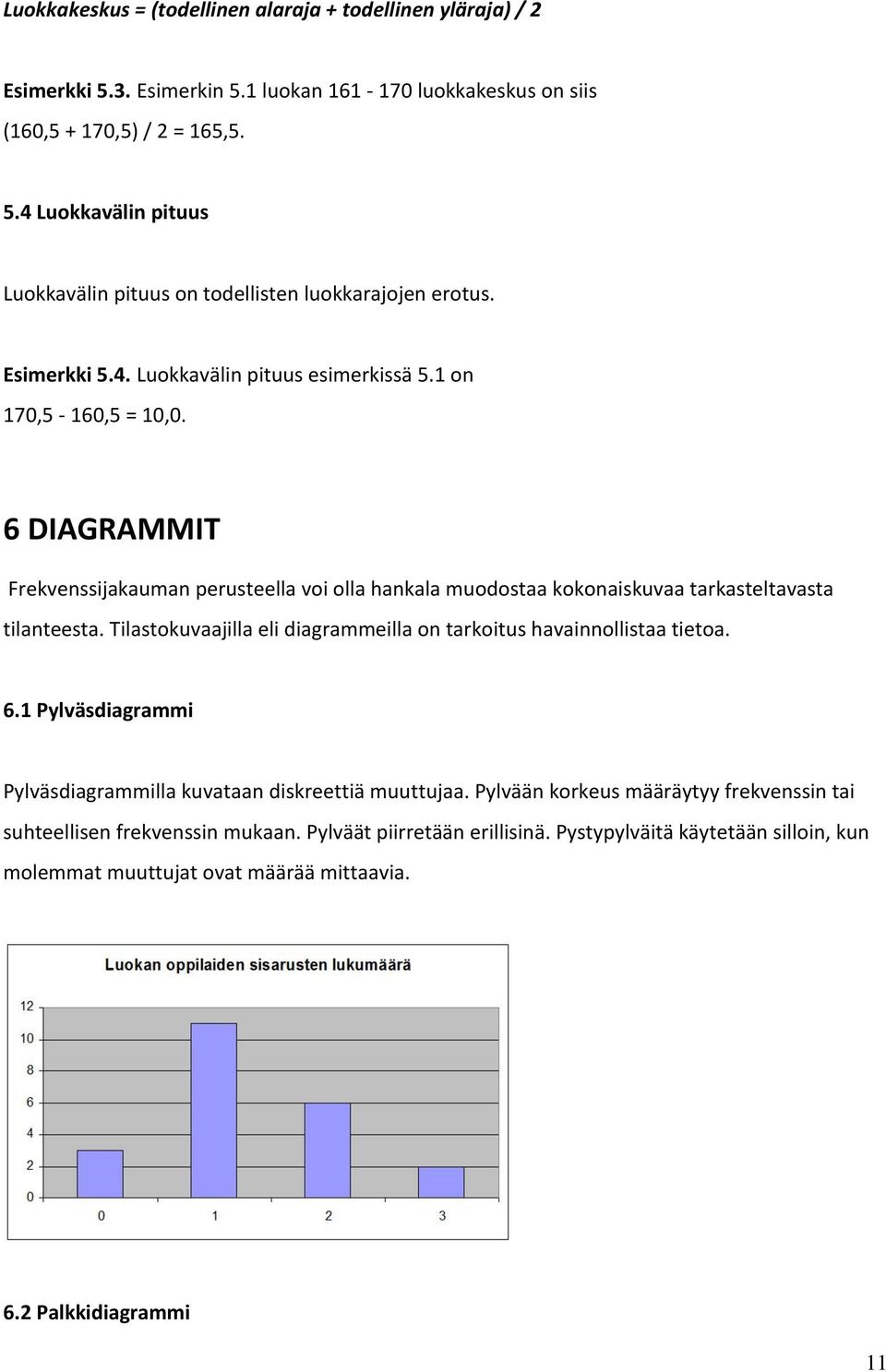 Tilastokuvaajilla eli diagrammeilla on tarkoitus havainnollistaa tietoa. 6.1 Pylväsdiagrammi Pylväsdiagrammilla kuvataan diskreettiä muuttujaa.