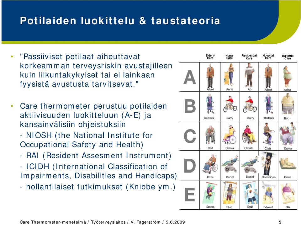" Care thermometer perustuu potilaiden aktiivisuuden luokitteluun (A-E) ja kansainvälisiin ohjeistuksiin - NIOSH (the National Institute for