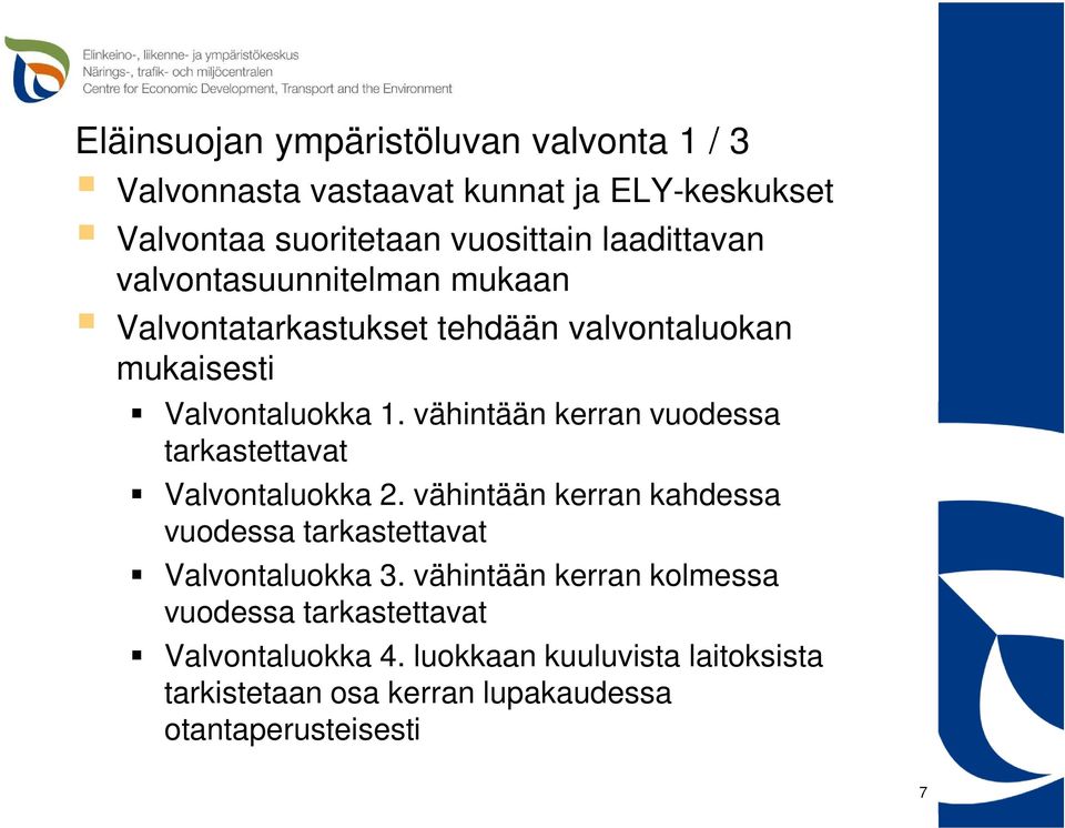 vähintään kerran vuodessa tarkastettavat Valvontaluokka 2. vähintään kerran kahdessa vuodessa tarkastettavat Valvontaluokka 3.