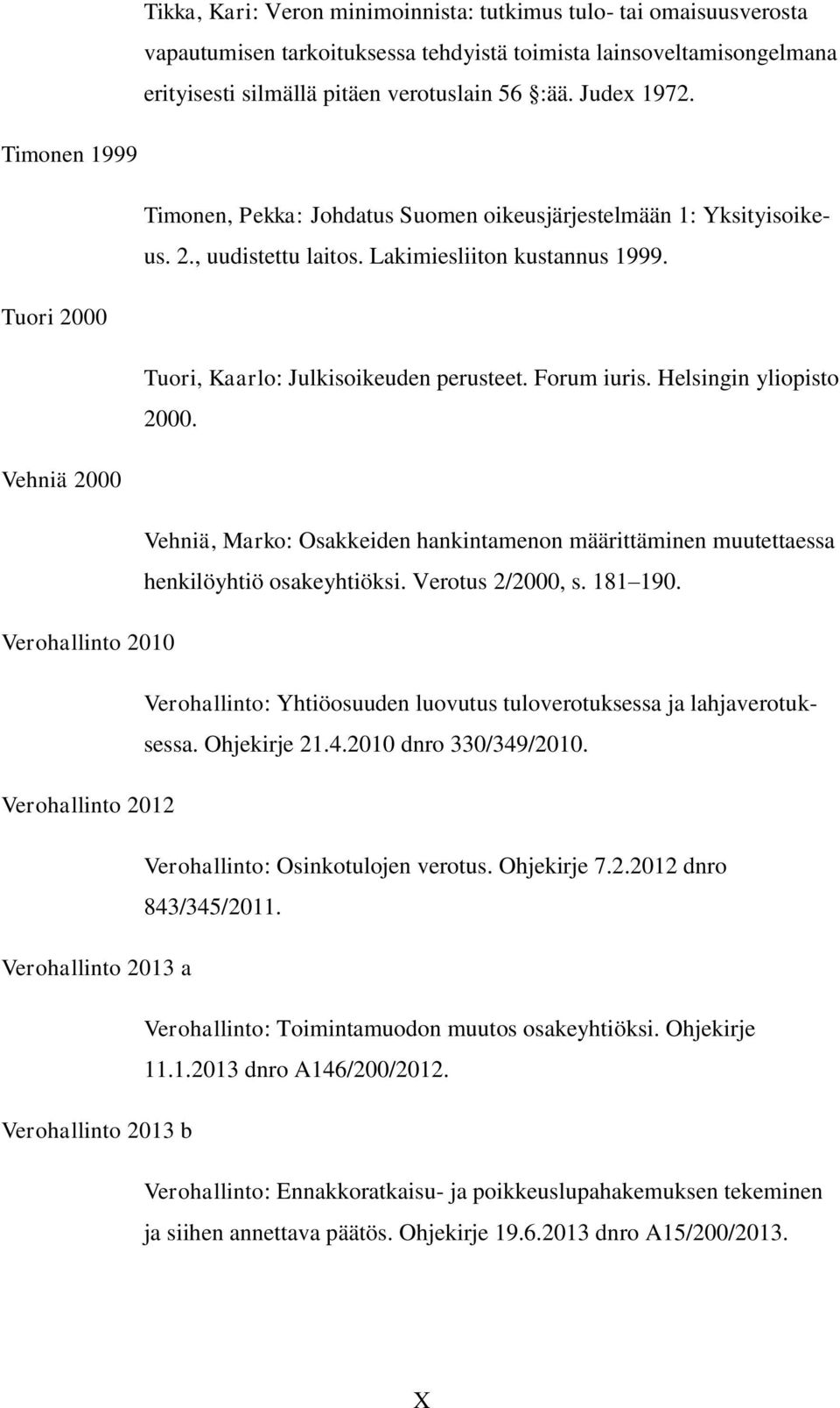 Forum iuris. Helsingin yliopisto 2000. Vehniä 2000 Vehniä, Marko: Osakkeiden hankintamenon määrittäminen muutettaessa henkilöyhtiö osakeyhtiöksi. Verotus 2/2000, s. 181 190.