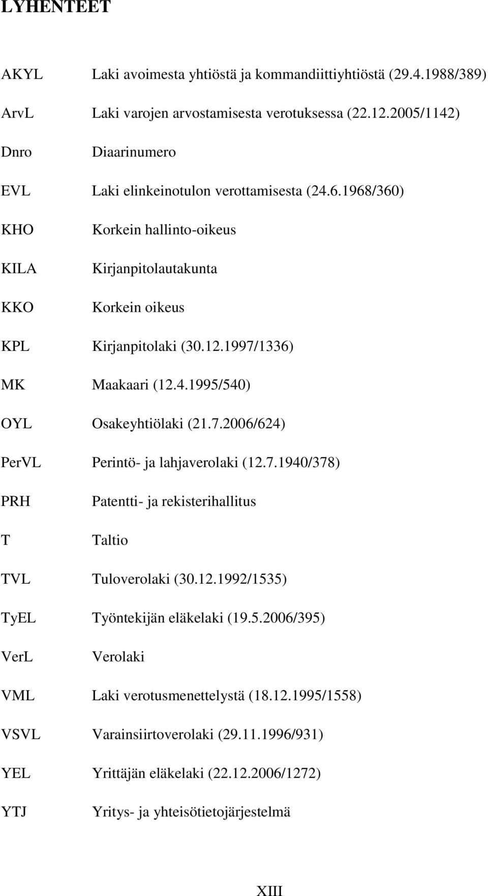 1997/1336) MK Maakaari (12.4.1995/540) OYL Osakeyhtiölaki (21.7.2006/624) PerVL Perintö- ja lahjaverolaki (12.7.1940/378) PRH T Patentti- ja rekisterihallitus Taltio TVL Tuloverolaki (30.