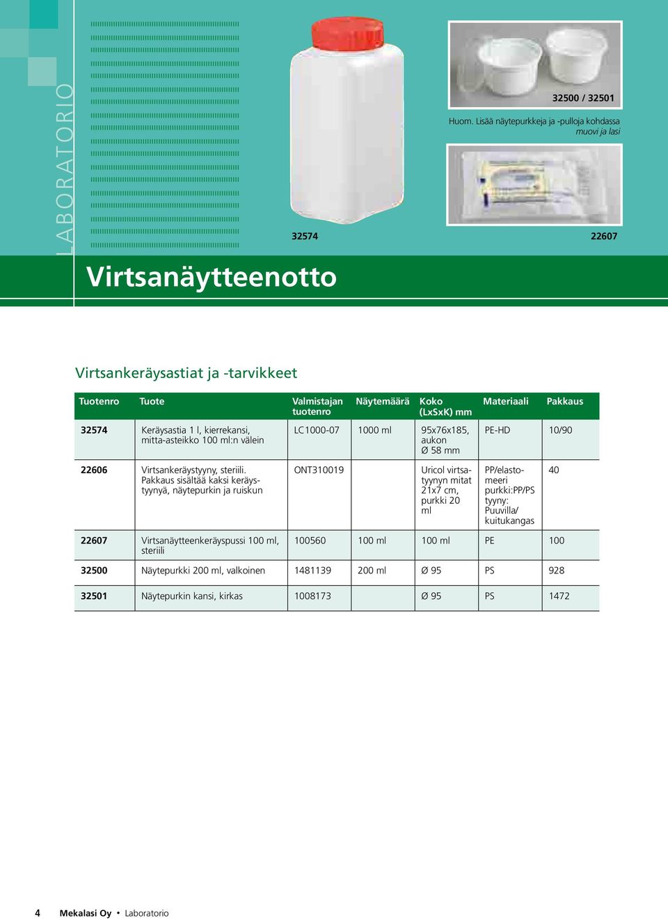 (LxSxK) mm LC1000-07 1000 ml 95x76x185, aukon Ø 58 mm Materiaali PE-HD 10/90 22606 Virtsankeräystyyny, steriili.