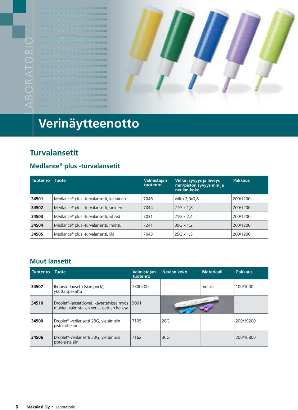 1,2 200/1200 34505 Medlance plus -turvalansetti, lila 7043 25G x 1,5 200/1200 Muut lansetit Neulan koko Materiaali 34507 Ihopisto-lansetti (skin prick), yksittäispakattu 34510 Droplet -lansettikynä,