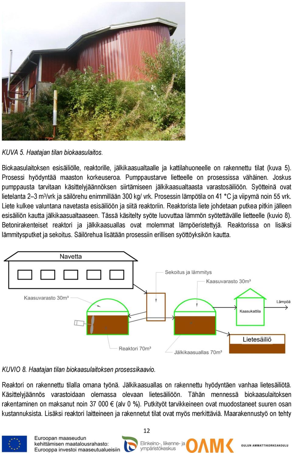 Syötteinä ovat lietelanta 2 3 m 3 /vrk ja säilörehu enimmillään 300 kg/ vrk. Prosessin lämpötila on 41 C ja viipymä noin 55 vrk. Liete kulkee valuntana navetasta esisäiliöön ja siitä reaktoriin.