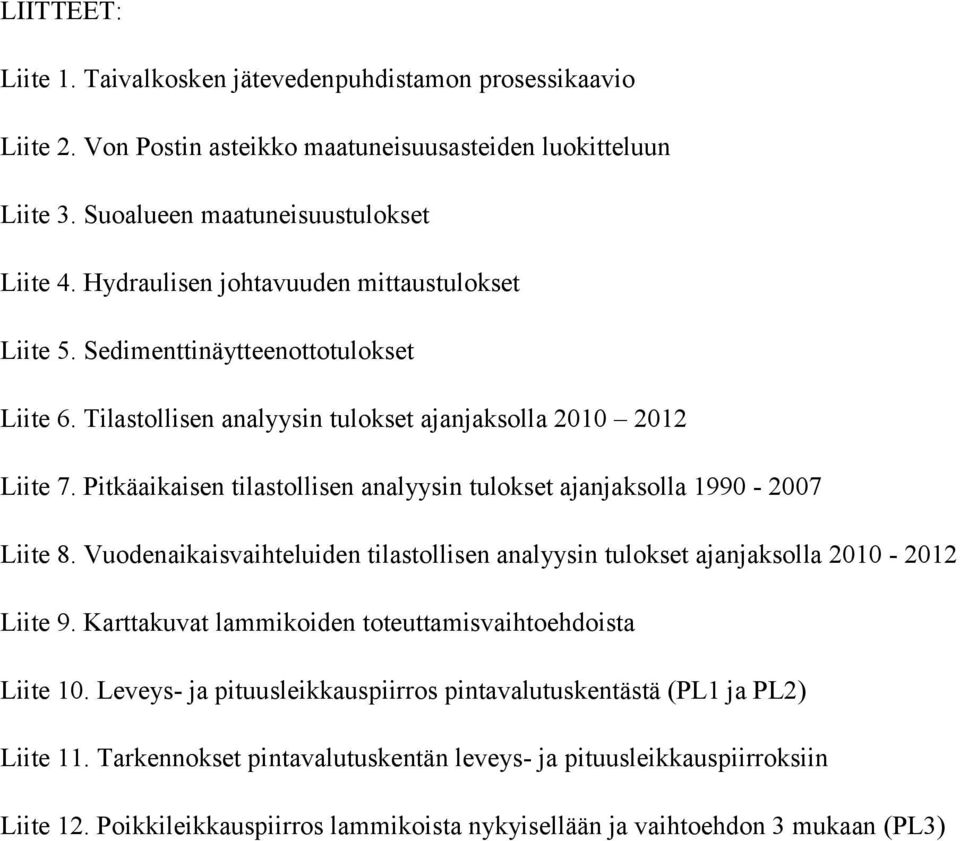 Pitkäaikaisen tilastollisen analyysin tulokset ajanjaksolla 1990-2007 Liite 8. Vuodenaikaisvaihteluiden tilastollisen analyysin tulokset ajanjaksolla 2010-2012 Liite 9.