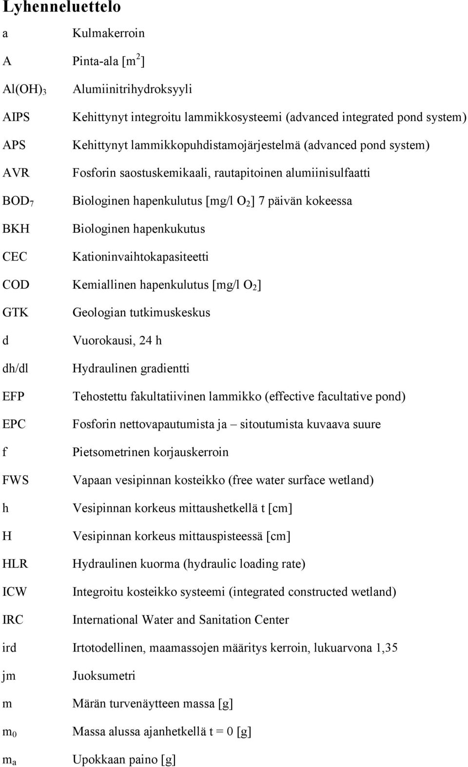 Kationinvaihtokapasiteetti COD Kemiallinen hapenkulutus [mg/l O 2 ] GTK d dh/dl EFP EPC f FWS h H HLR ICW IRC Geologian tutkimuskeskus Vuorokausi, 24 h Hydraulinen gradientti Tehostettu