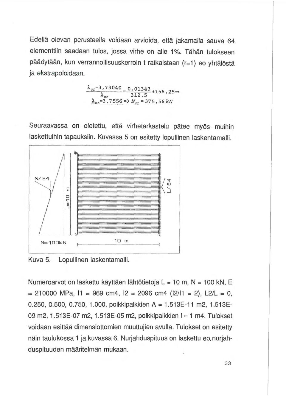 5 Acr=3, 7 556 =>Ncr= 37 5, 56 kn Seuraavassa on oletettu, etta virhetarkastelu patee myos muihin laskettuihin tapauksiin. Kuvassa 5 on esitetty lopullinen laskentamalli.