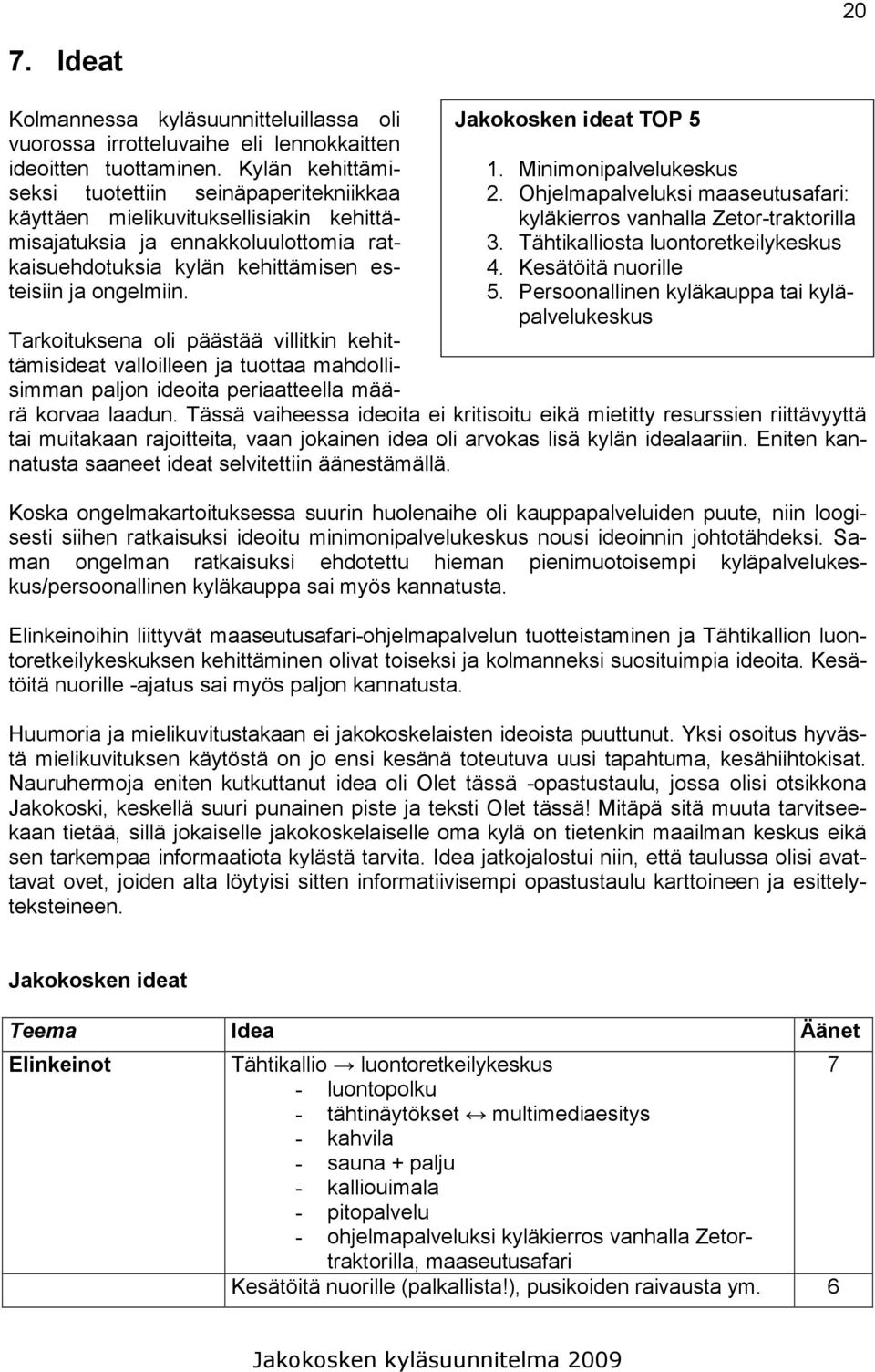 Jakokosken ideat TOP 5 1. Minimonipalvelukeskus 2. Ohjelmapalveluksi maaseutusafari: kyläkierros vanhalla Zetor-traktorilla 3. Tähtikalliosta luontoretkeilykeskus 4. Kesätöitä nuorille 5.