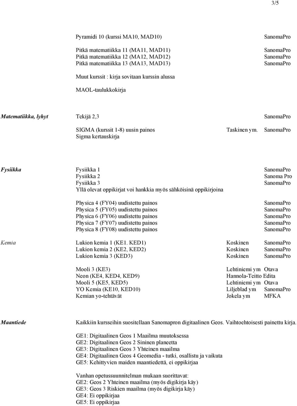 Sigma kertauskirja Fysiikka Fysiikka 1 Fysiikka 2 Sanoma Pro Fysiikka 3 Yllä olevat oppikirjat voi hankkia myös sähköisinä oppikirjoina Physica 4 (FY04) uudistettu painos Physica 5 (FY05) uudistettu