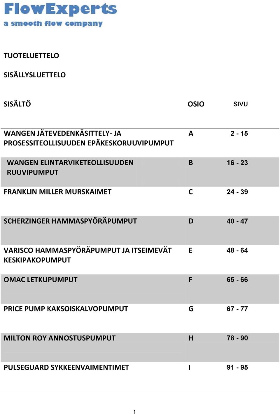 SCHERZINGER HAMMASPYÖRÄPUMPUT D 40-47 VARISCO HAMMASPYÖRÄPUMPUT JA ITSEIMEVÄT KESKIPAKOPUMPUT OMAC LETKUPUMPUT E