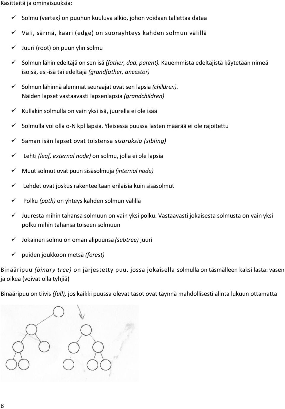 Kauemmista edeltäjistä käytetään nimeä isoisä, esi-isä tai edeltäjä (grandfather, ancestor) Solmun lähinnä alemmat seuraajat ovat sen lapsia (children).