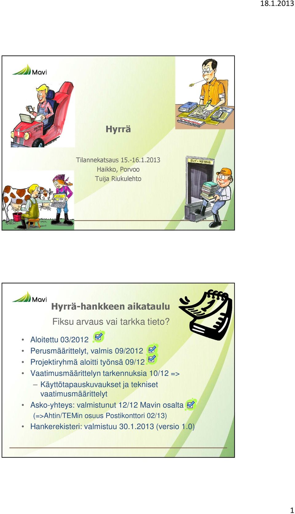 Aloitettu 03/2012 Perusmäärittelyt, valmis 09/2012 Projektiryhmä aloitti työnsä 09/12 Vaatimusmäärittelyn