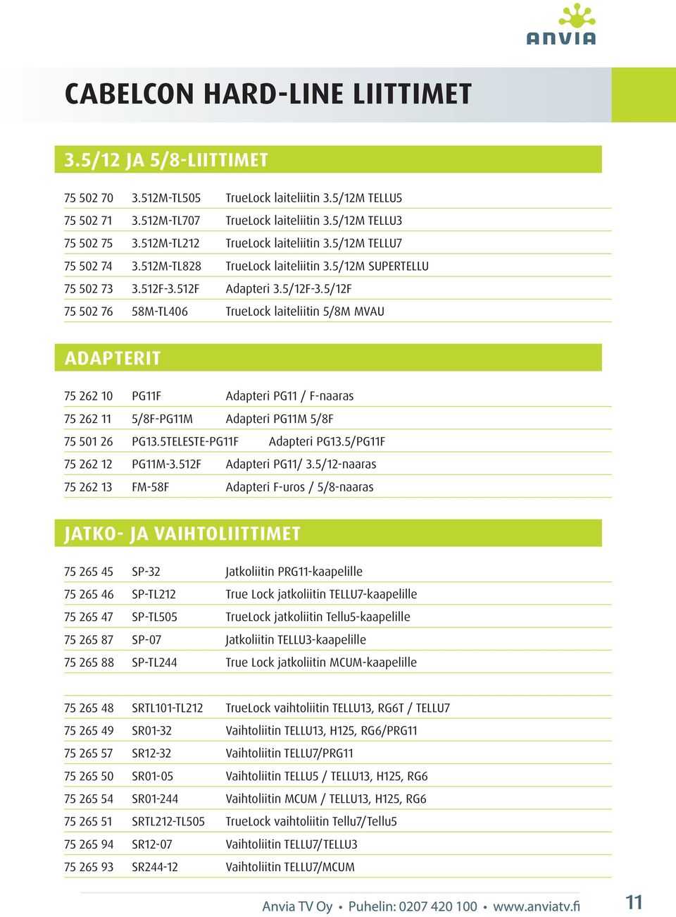 5/12F 75 502 76 58M-TL406 TrueLock laiteliitin 5/8M MVAU ADAPTERIT 75 262 10 PG11F Adapteri PG11 / F-naaras 75 262 11 5/8F-PG11M Adapteri PG11M 5/8F 75 501 26 PG13.5TELESTE-PG11F Adapteri PG13.