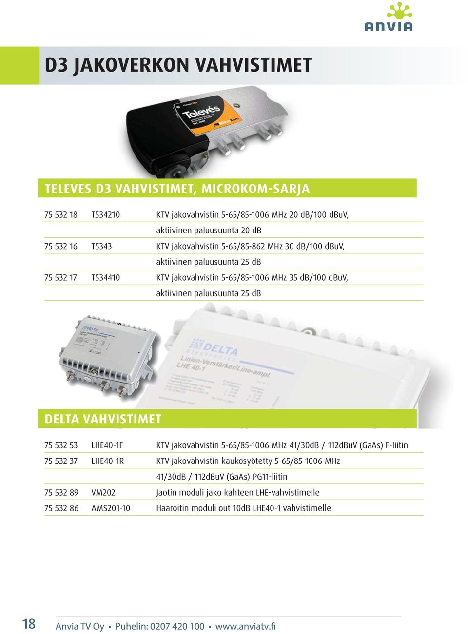 paluusuunta 25 db DELTA VAHVISTIMET 75 532 53 LHE40-1F KTV jakovahvistin 5-65/85-1006 MHz 41/30dB / 112dBuV (GaAs) F-liitin 75 532 37 LHE40-1R KTV jakovahvistin kaukosyötetty