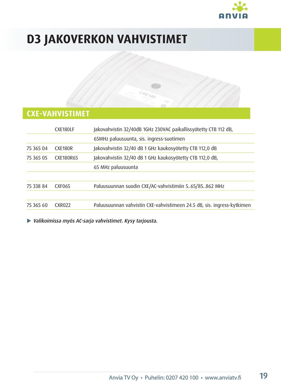 db 1 GHz kaukosyötetty CTB 112,0 db, 65 MHz paluusuunta 75 338 84 CXF065 Paluusuunnan suodin CXE/AC-vahvistimiin 5..65/85.