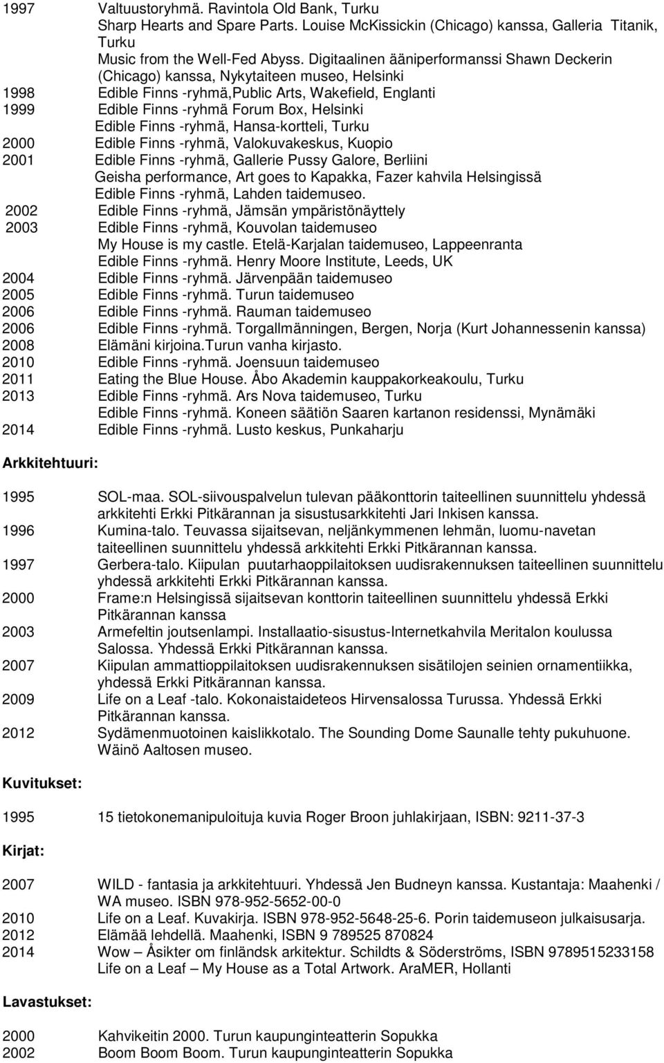 Edible Finns -ryhmä, Hansa-kortteli, Turku 2000 Edible Finns -ryhmä, Valokuvakeskus, Kuopio 2001 Edible Finns -ryhmä, Gallerie Pussy Galore, Berliini Geisha performance, Art goes to Kapakka, Fazer