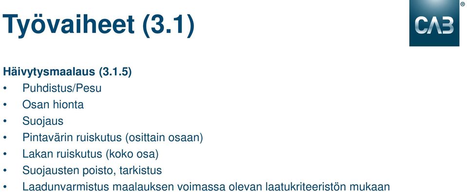 5) Puhdistus/Pesu Osan hionta Suojaus Pintavärin ruiskutus