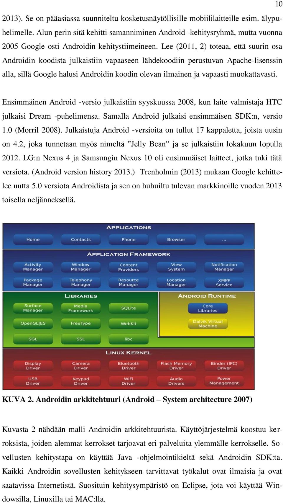 Lee (2011, 2) toteaa, että suurin osa Androidin koodista julkaistiin vapaaseen lähdekoodiin perustuvan Apache-lisenssin alla, sillä Google halusi Androidin koodin olevan ilmainen ja vapaasti