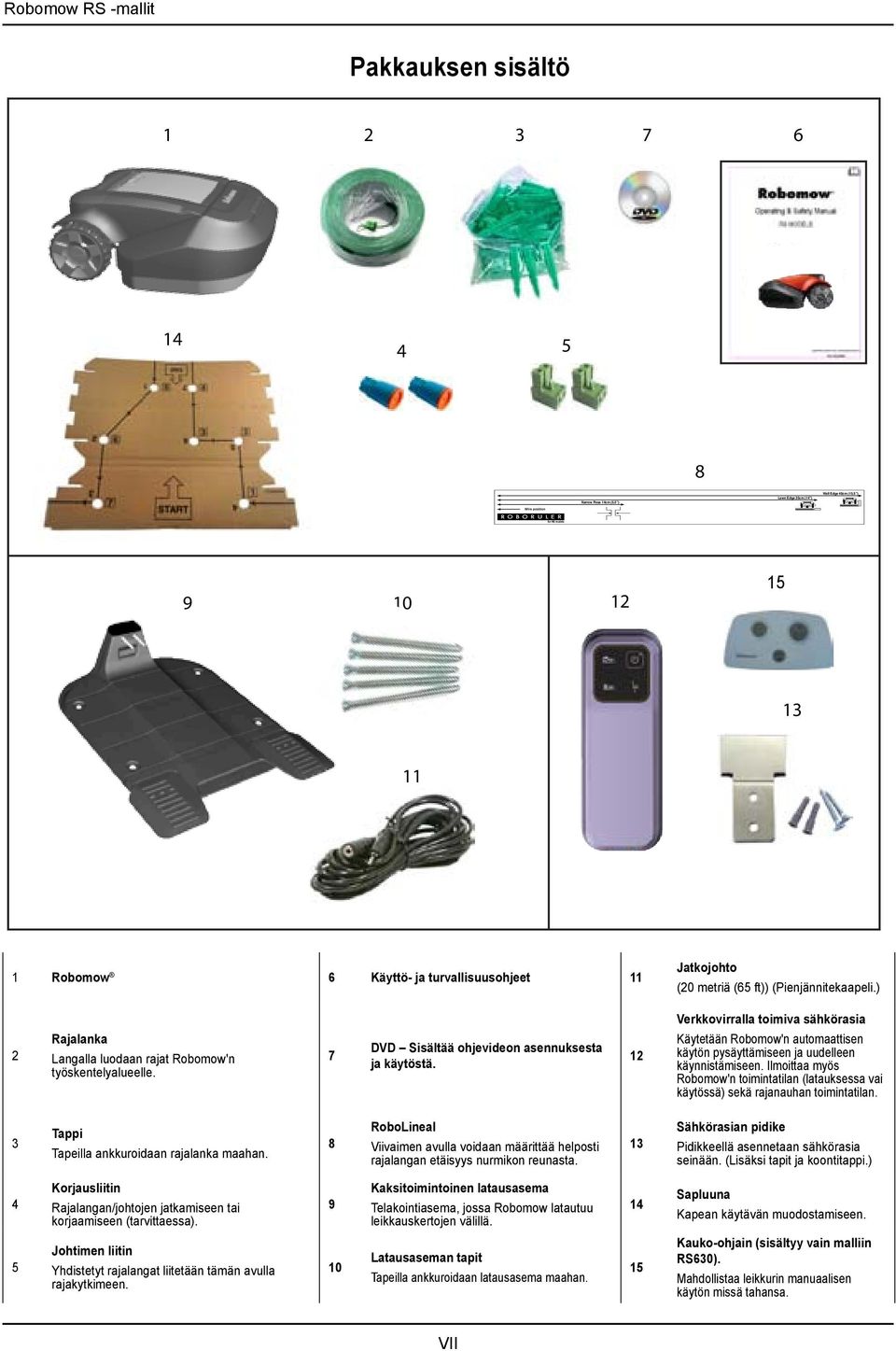 ) Verkkovirralla toimiva sähkörasia 2 Rajalanka Langalla luodaan rajat Robomow'n työskentelyalueelle. 7 DVD Sisältää ohjevideon asennuksesta ja käytöstä.