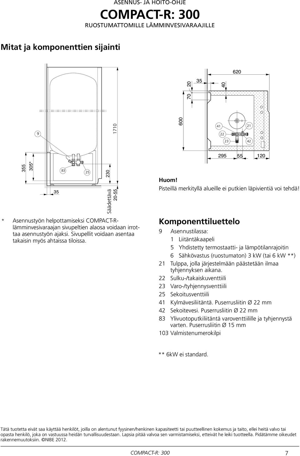 00 0 70 3 83 40 4 3 4 9 0 30 Säädettävä Ställbar 0- Huom! Pisteillä merkityllä alueille ei putkien läpivientiä voi tehdä!