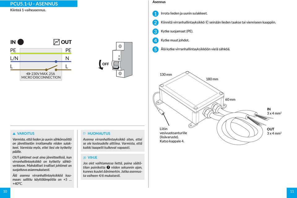 A MICRO DISCONNECTION 0 mm 80 mm 60 mm IN x mm Varmista, että lieden ja uunin sähkönsyöttö on jännitteetön irrottamalla niiden sulakkeet. Varmista myös, ettei liesi ole kytketty päälle.