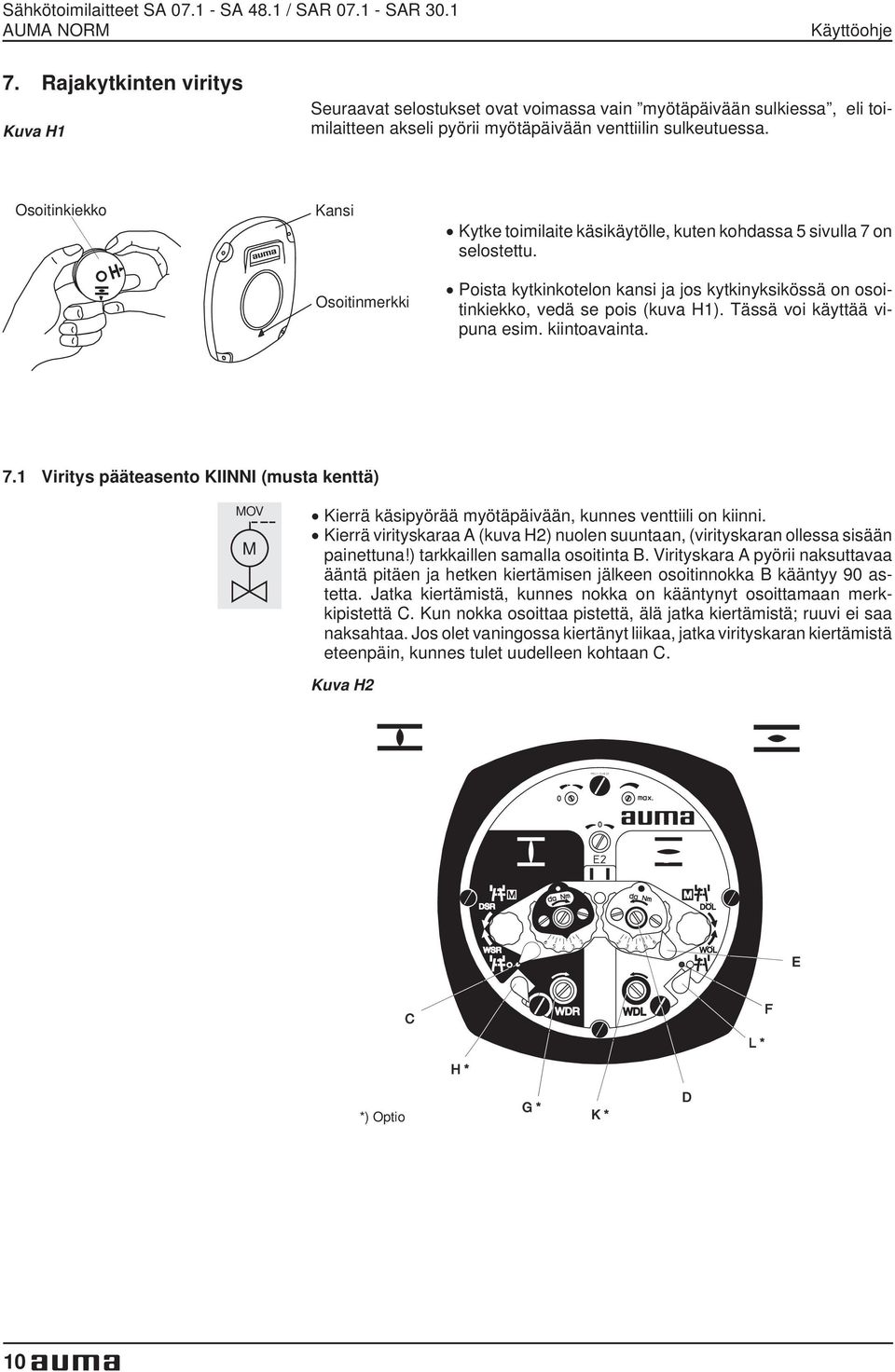 Kytke toimilaite käsikäytölle, kuten kohdassa 5 sivulla 7 on selostettu.. Poista kytkinkotelon kansi ja jos kytkinyksikössä on osoitinkiekko, vedä se pois (kuva H1). Tässä voi käyttää vipuna esim.