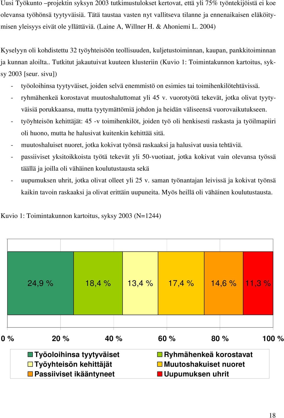 2004) Kyselyyn oli kohdistettu 32 työyhteisöön teollisuuden, kuljetustoiminnan, kaupan, pankkitoiminnan ja kunnan aloilta.