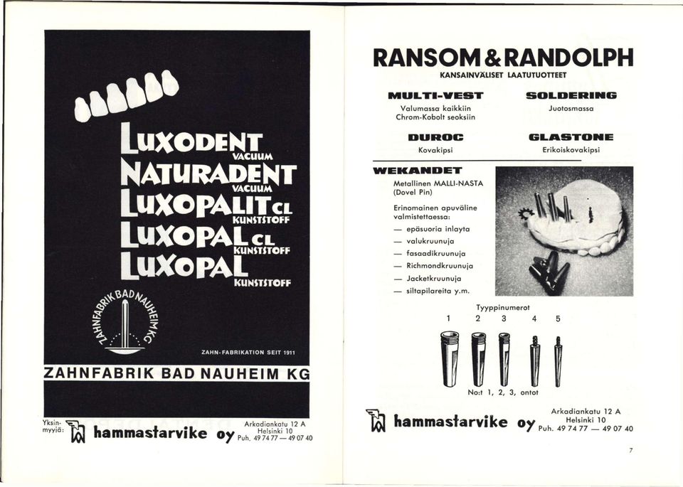 fosoadikruunujo Richmondkruunujo Jocketkruunujo siltopilorelta y.m. Erikoiskovakipsi 5" I 1 1 Tyyppinumerot 2 3 4 ZAHN-FABRIKATION SEIT 1911 Z A H N F A B R I K B A D N A U H E I M K G No:t 1, 2, 3, ontot in-.