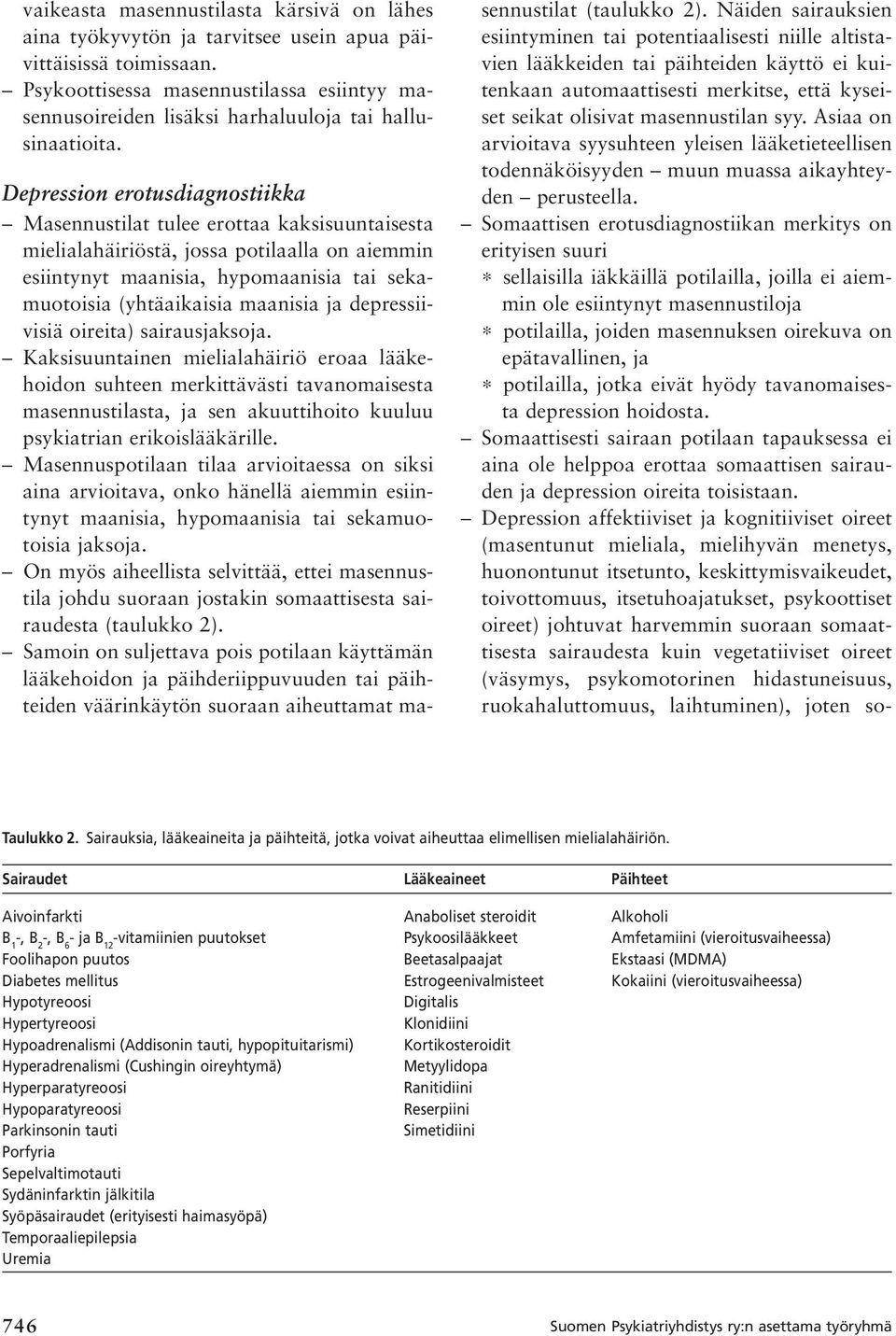 n erotusdiagnostiikka Masennustilat tulee erottaa kaksisuuntaisesta mielialahäiriöstä, jossa potilaalla on aiemmin esiintynyt maanisia, hypomaanisia tai sekamuotoisia (yhtäaikaisia maanisia ja