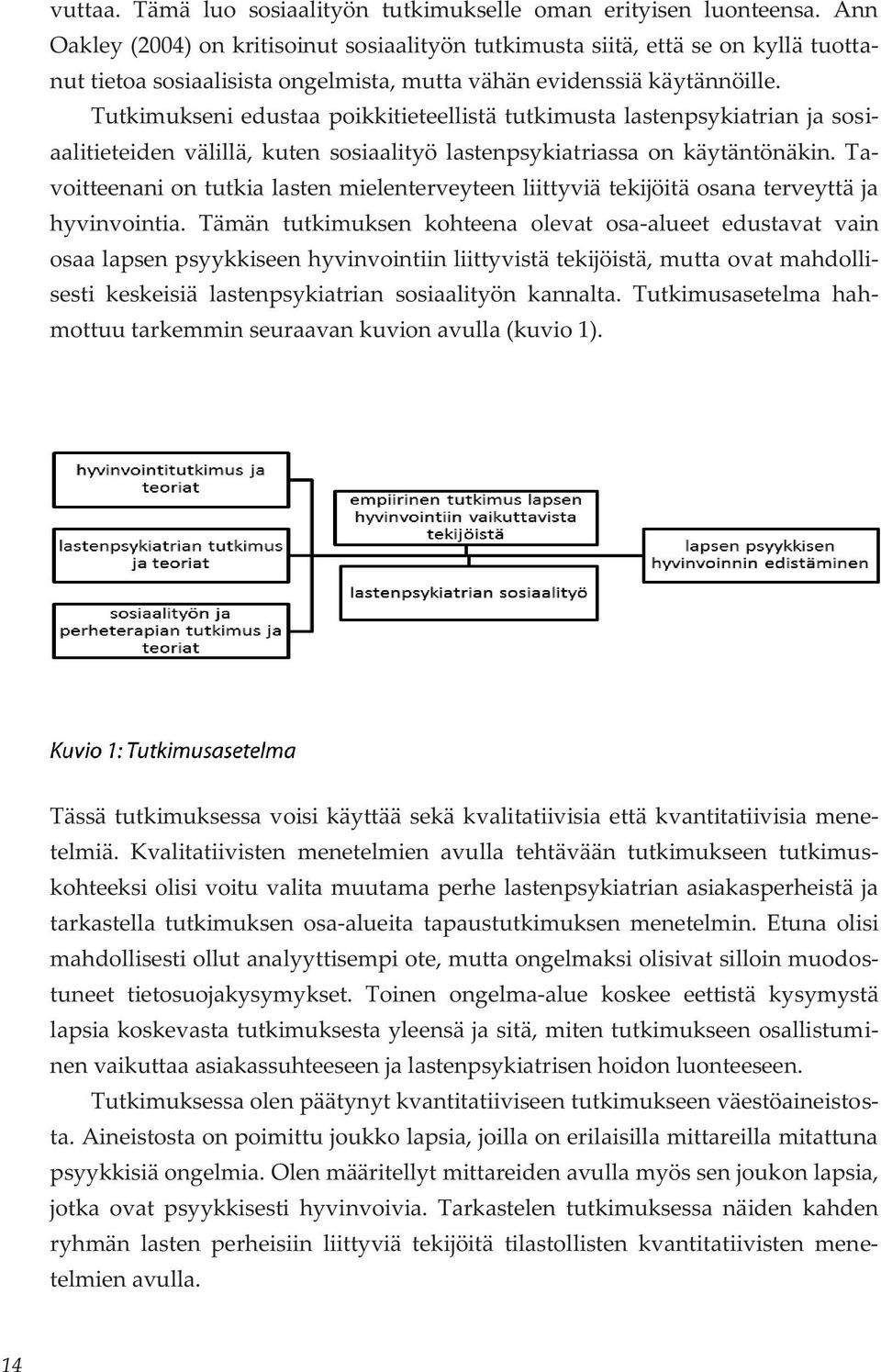 Tutkimukseni edustaa poikkitieteellistä tutkimusta lastenpsykiatrian ja sosiaalitieteiden välillä, kuten sosiaalityö lastenpsykiatriassa on käytäntönäkin.