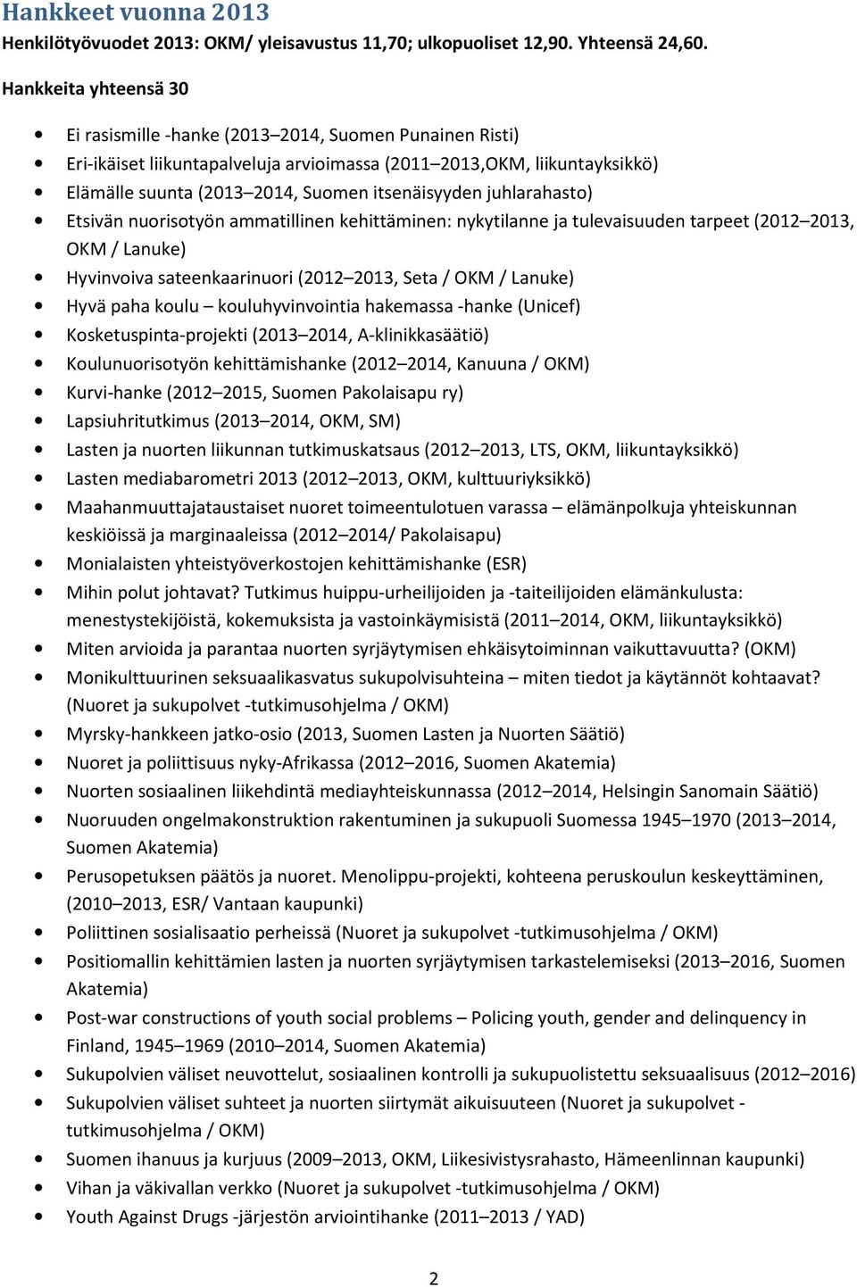 itsenäisyyden juhlarahasto) Etsivän nuorisotyön ammatillinen kehittäminen: nykytilanne ja tulevaisuuden tarpeet (2012 2013, OKM / Lanuke) Hyvinvoiva sateenkaarinuori (2012 2013, Seta / OKM / Lanuke)