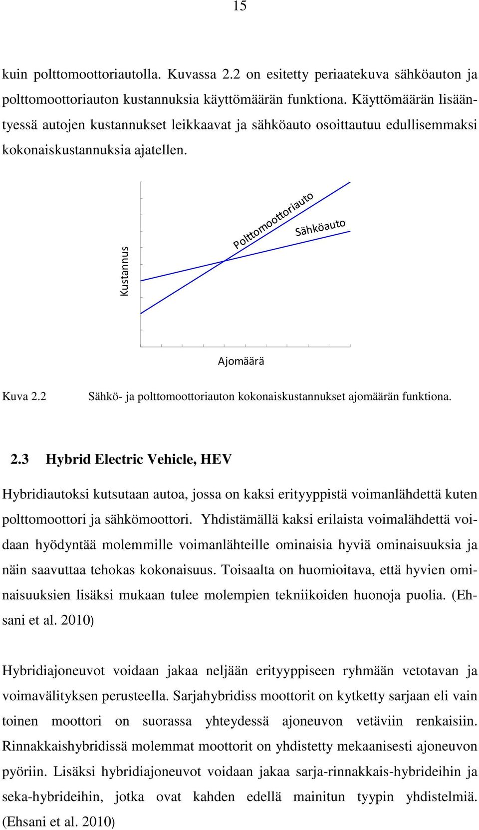 2 Sähkö- ja polttomoottoriauton kokonaiskustannukset ajomäärän funktiona. 2.