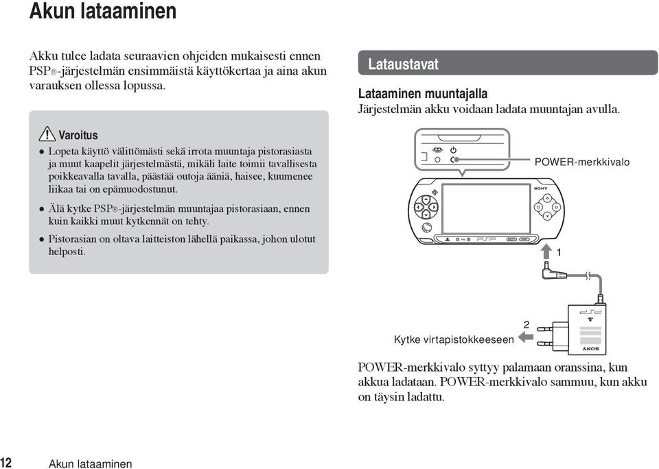 liikaa tai on epämuodostunut. Älä kytke PSP -järjestelmän muuntajaa pistorasiaan, ennen kuin kaikki muut kytkennät on tehty. Pistorasian on oltava laitteiston lähellä paikassa, johon ulotut helposti.