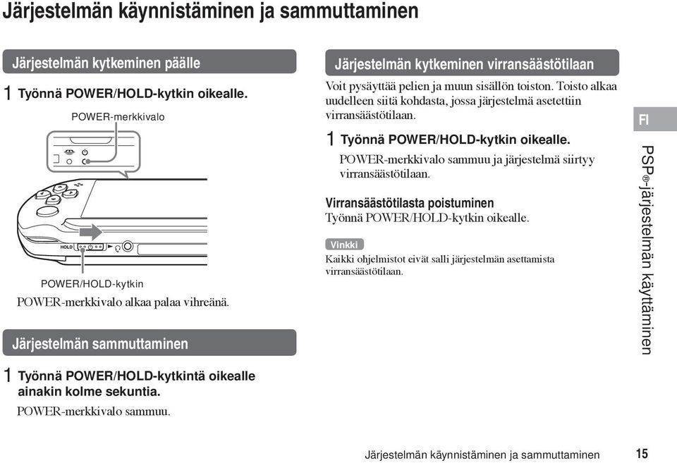 Järjestelmän kytkeminen virransäästötilaan Voit pysäyttää pelien ja muun sisällön toiston. Toisto alkaa uudelleen siitä kohdasta, jossa järjestelmä asetettiin virransäästötilaan.