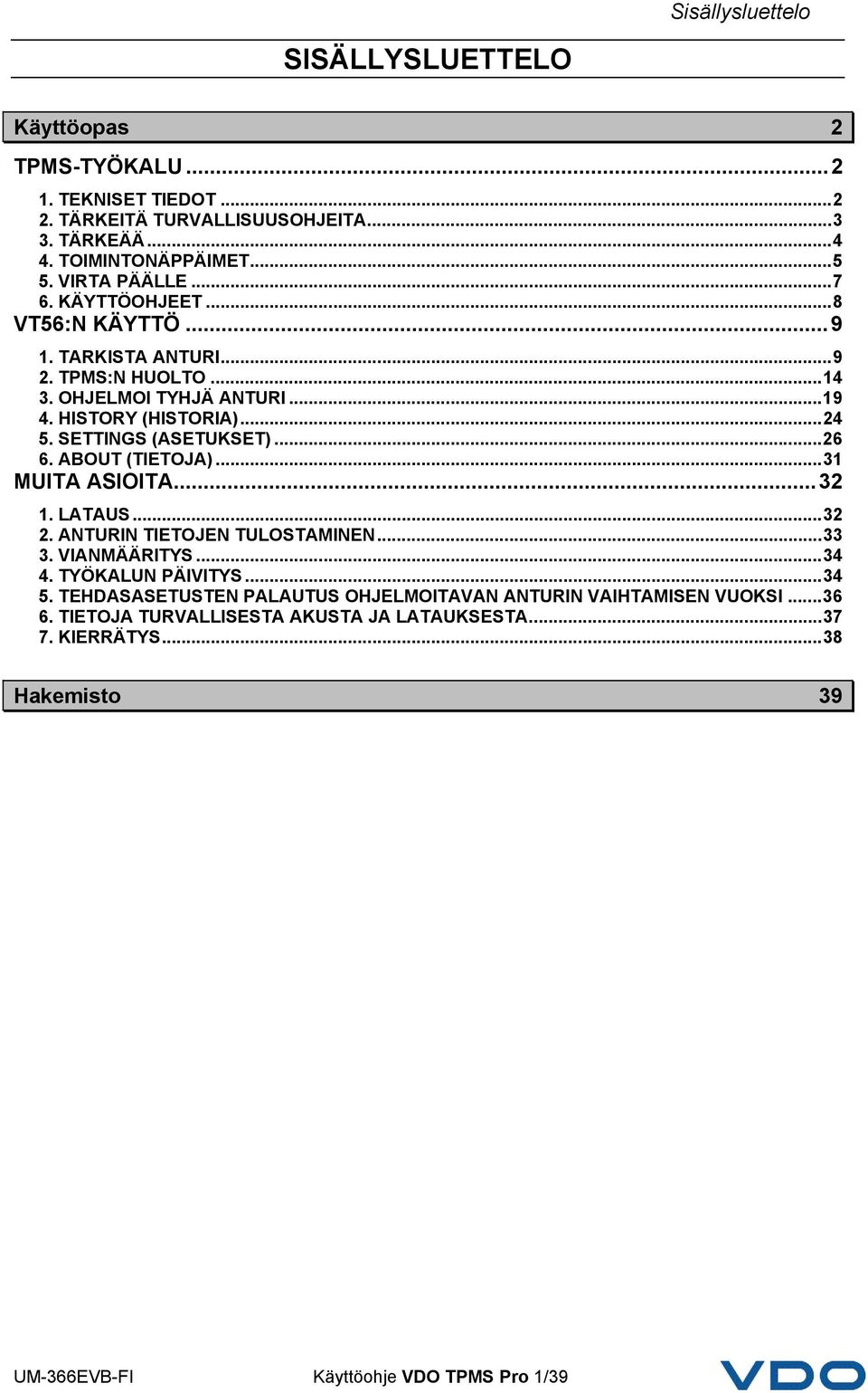 SETTINGS (ASETUKSET)...26 6. ABOUT (TIETOJA)...31 MUITA ASIOITA...32 1. LATAUS...32 2. ANTURIN TIETOJEN TULOSTAMINEN...33 3. VIANMÄÄRITYS...34 4. TYÖKALUN PÄIVITYS...34 5.