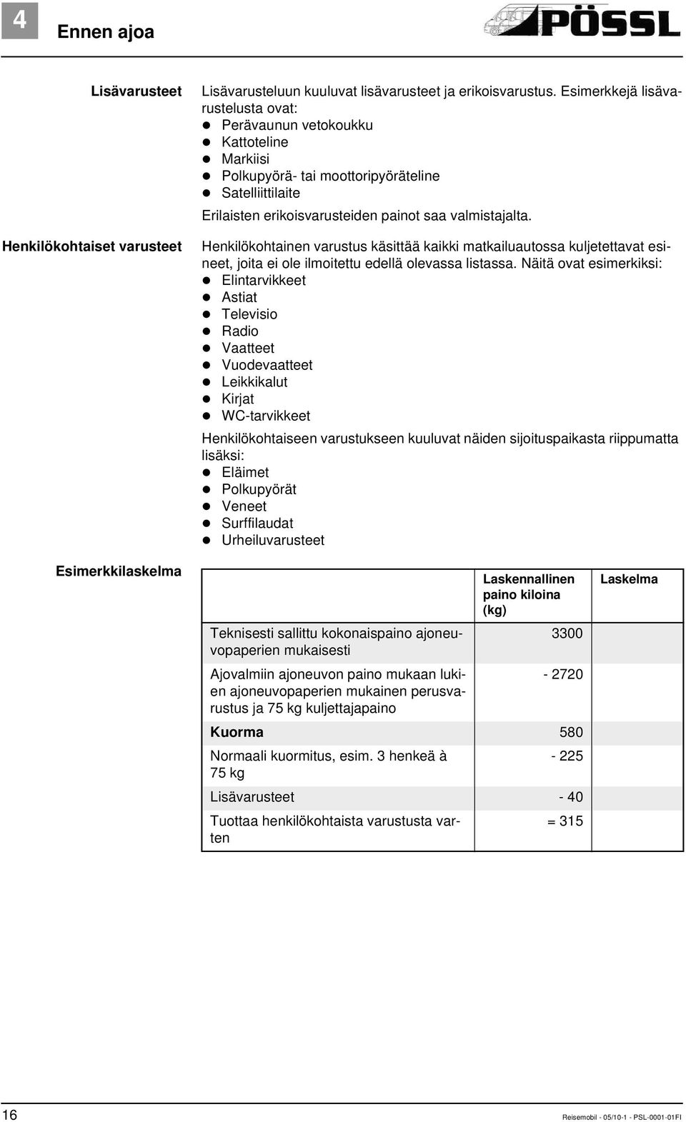 Henkilökohtainen varustus käsittää kaikki matkailuautossa kuljetettavat esineet, joita ei ole ilmoitettu edellä olevassa listassa.