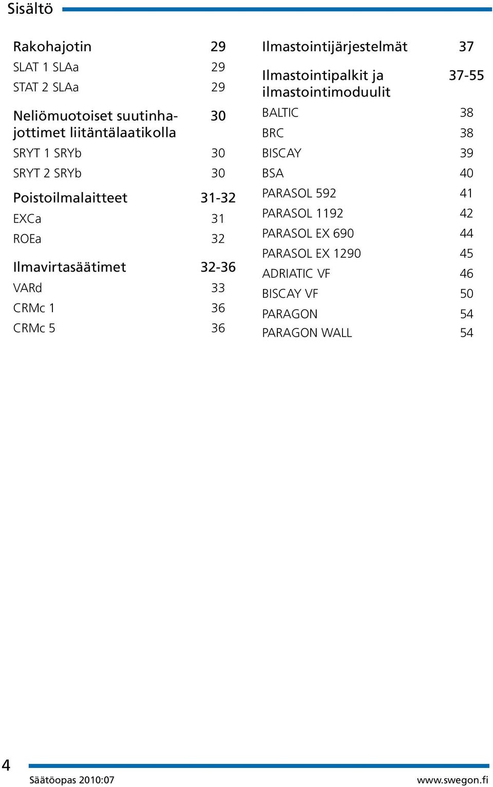 Ilmastointijärjestelmät 37 Ilmastointipalkit ja 37-55 ilmastointimoduulit BALTIC 38 BRC 38 BISCAY 39 BSA 40 PARASOL