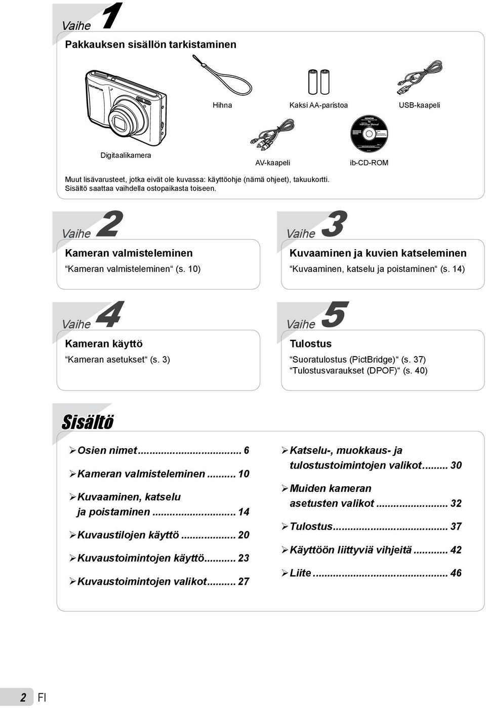 1) Vaihe Kameran käyttö Kameran asetukset (s. 3) Vaihe 5 Tulostus Suoratulostus (PictBridge) (s. 37) Tulostusvaraukset (DPOF) (s. 0) Sisältö Osien nimet... 6 Kameran valmisteleminen.