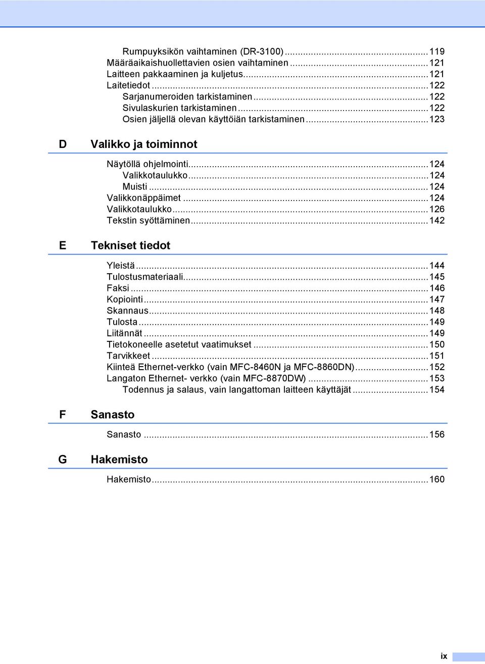..124 Valikkotaulukko...126 Tekstin syöttäminen...142 E Tekniset tiedot Yleistä...144 Tulostusmateriaali...145 Faksi...146 Kopiointi...147 Skannaus...148 Tulosta...149 Liitännät.