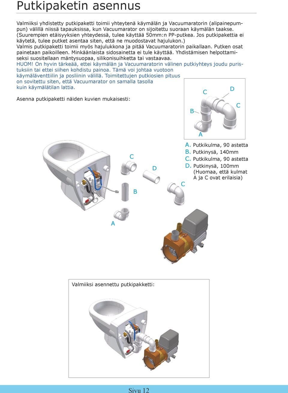 ) Valmis putkipaketti toimii myös hajulukkona ja pitää Vacuumaratorin paikallaan. Putken osat painetaan paikoilleen. Minkäänlaista sidosainetta ei tule käyttää.