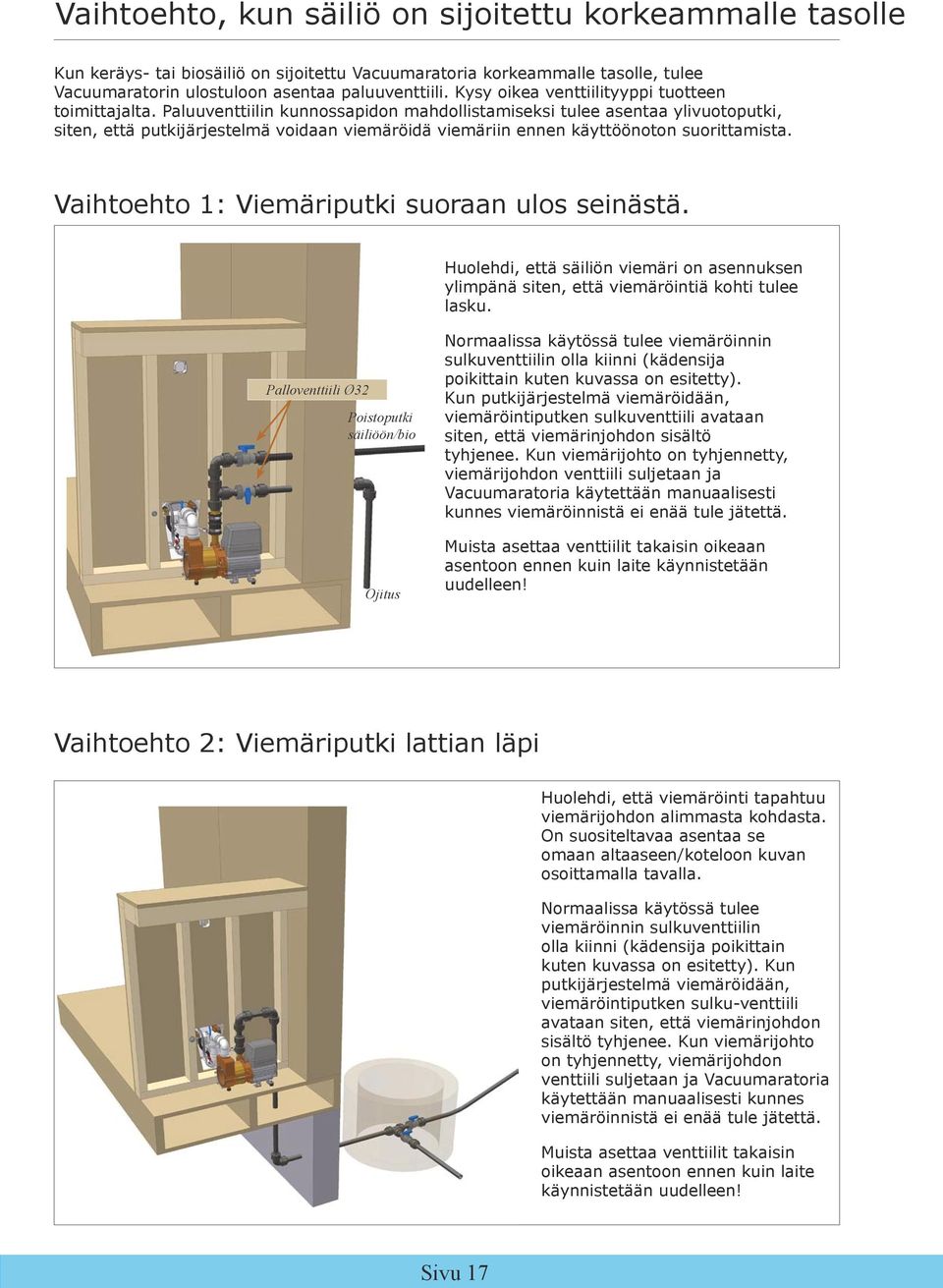 Paluuventtiilin kunnossapidon mahdollistamiseksi tulee asentaa ylivuotoputki, siten, että putkijärjestelmä voidaan viemäröidä viemäriin ennen käyttöönoton suorittamista.