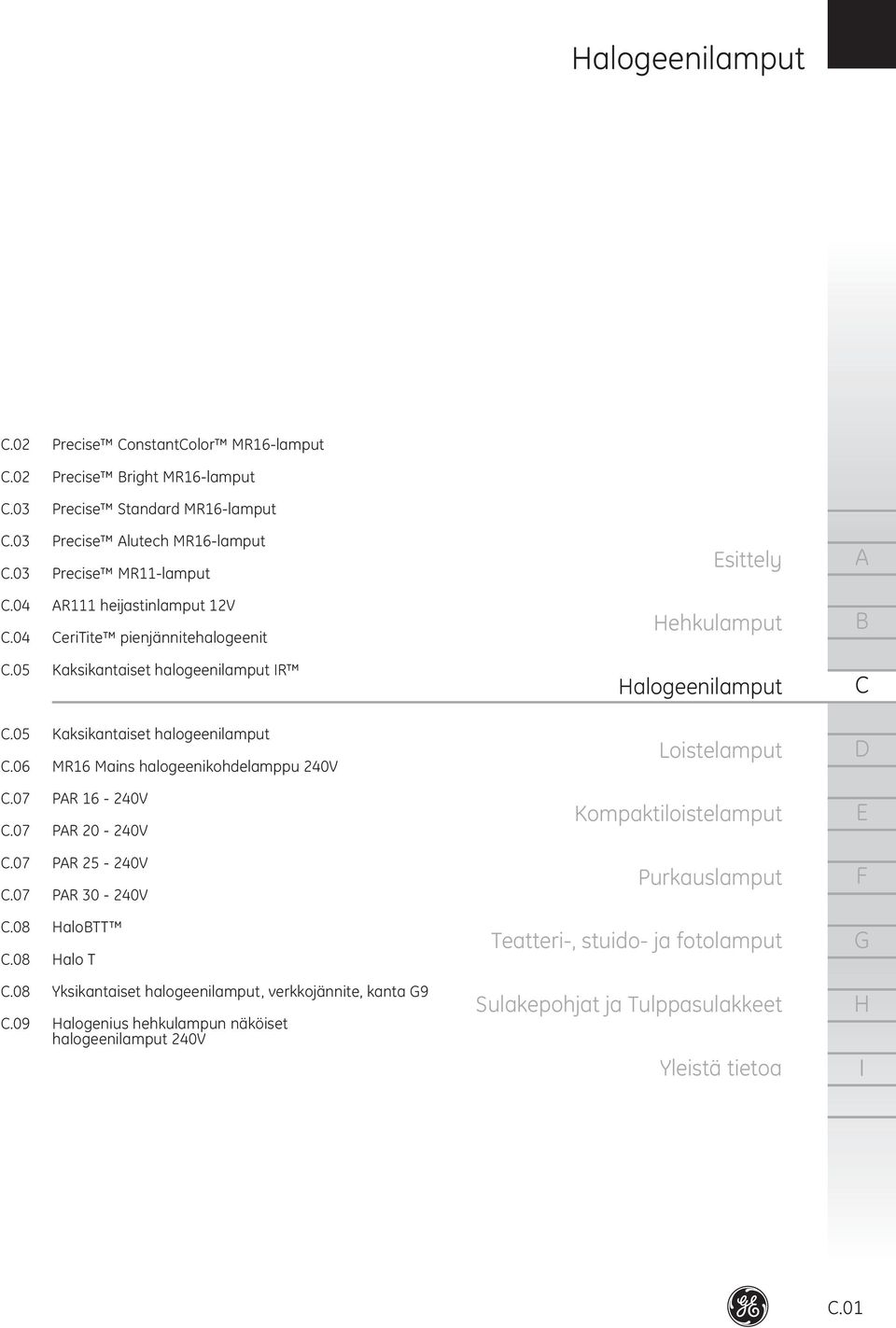 07 PR 16-240V.07 PR 20-240V.07 PR 25-240V.07 PR 30-240V.08 alott.08 alo T.08 Yksikantaiset halogeenilamput, verkkojännite, kanta 9.